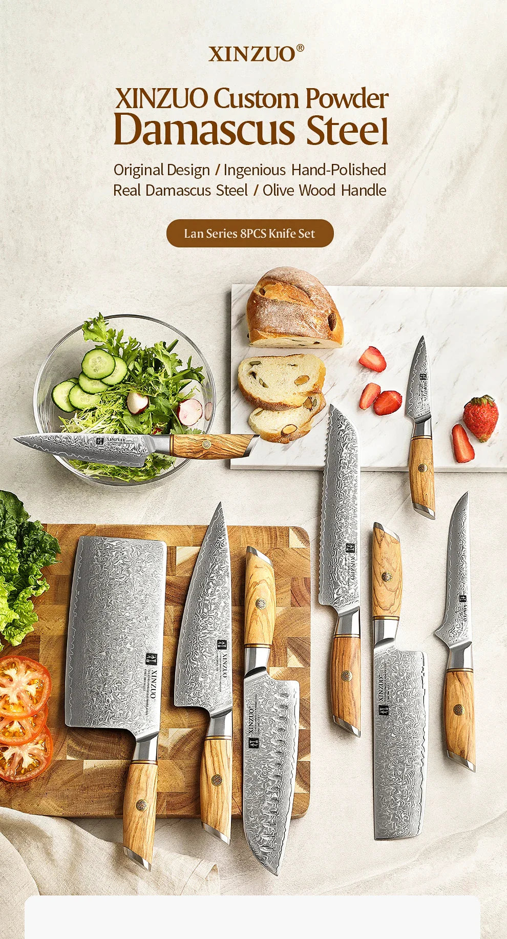 XINZUO 1-8pcs Kitchen Knife Set 73 Layers Custom Damascus Steel  with Olive Wood Handle