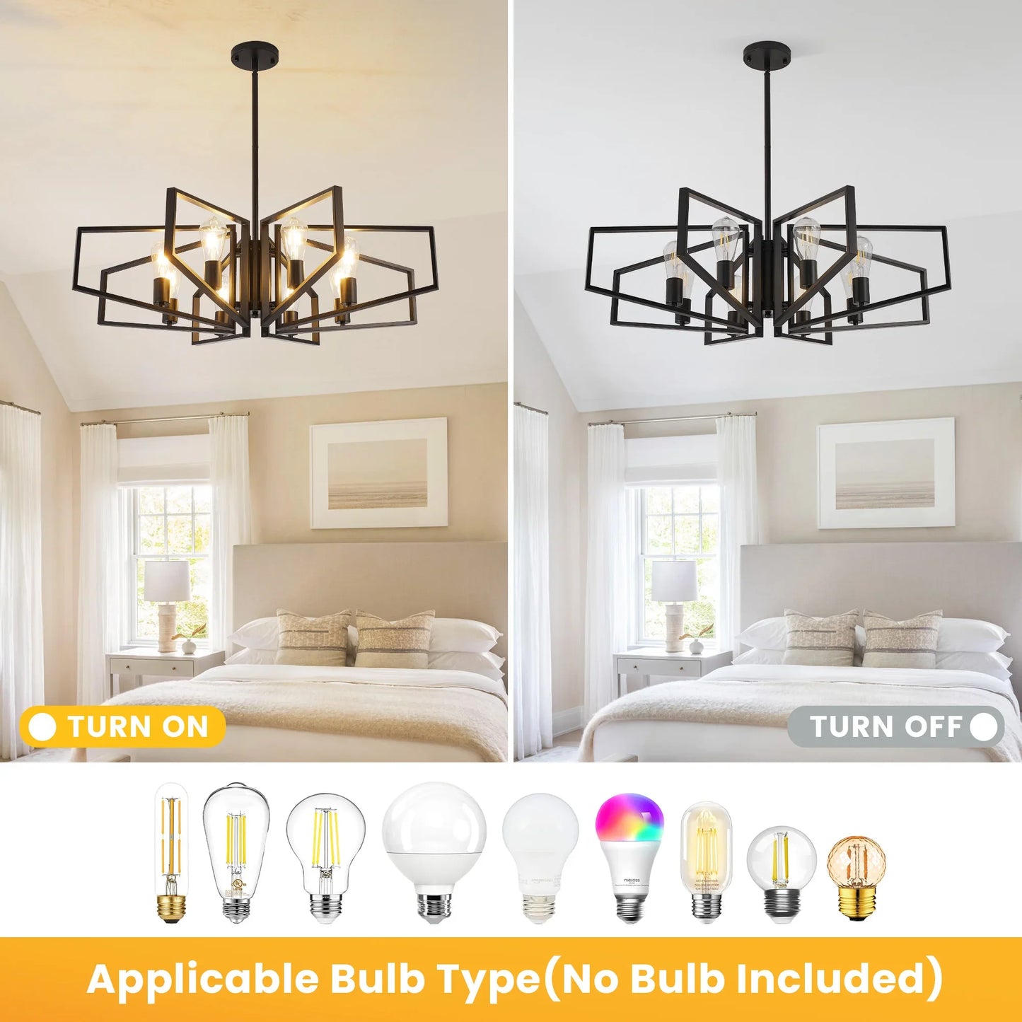Modern 8-Light Geometric Chandelier Adjustable Height  Light with Black Frame & Golden Accents