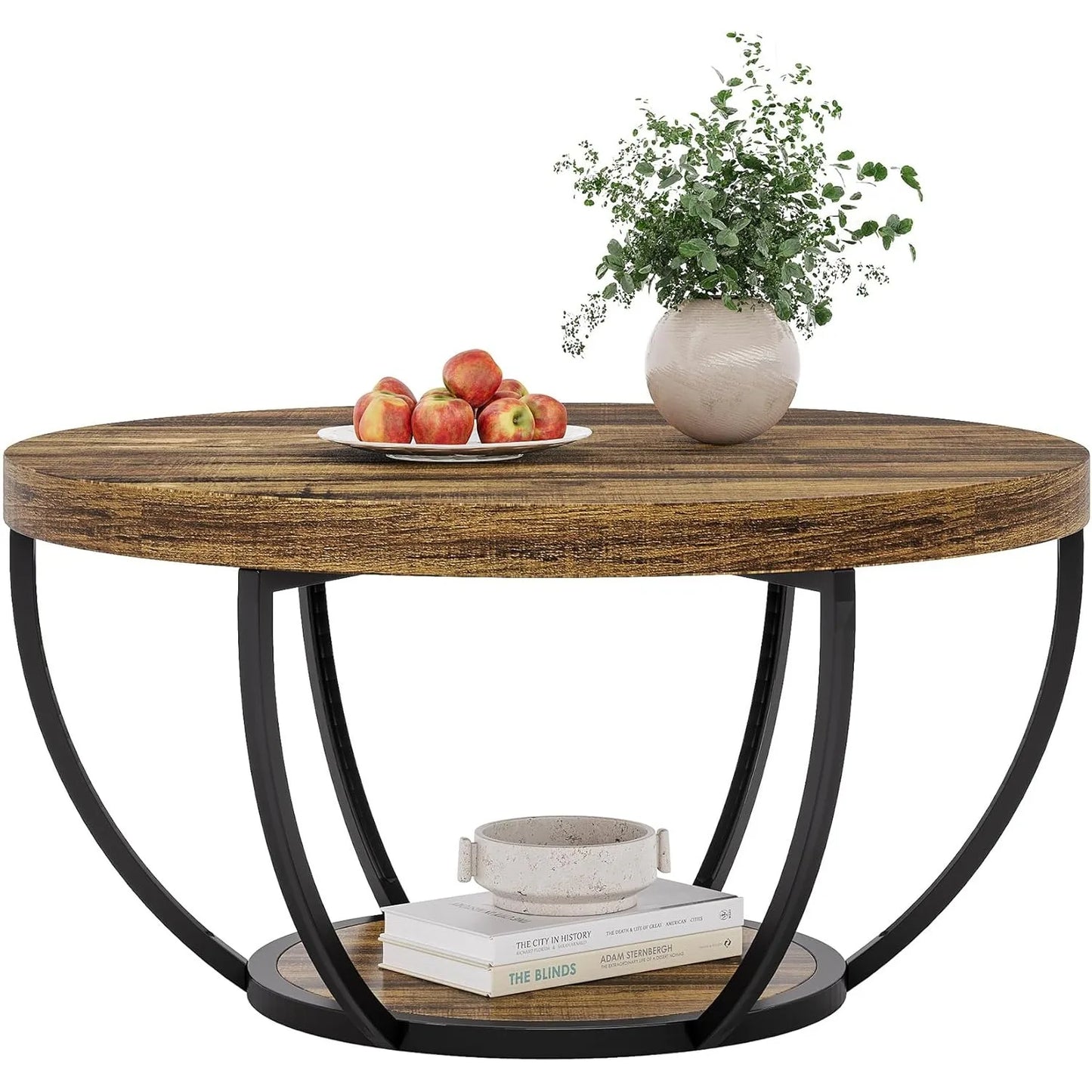 32" Circle Marble Coffee Tables, 2-Tier Golden Metal Legs