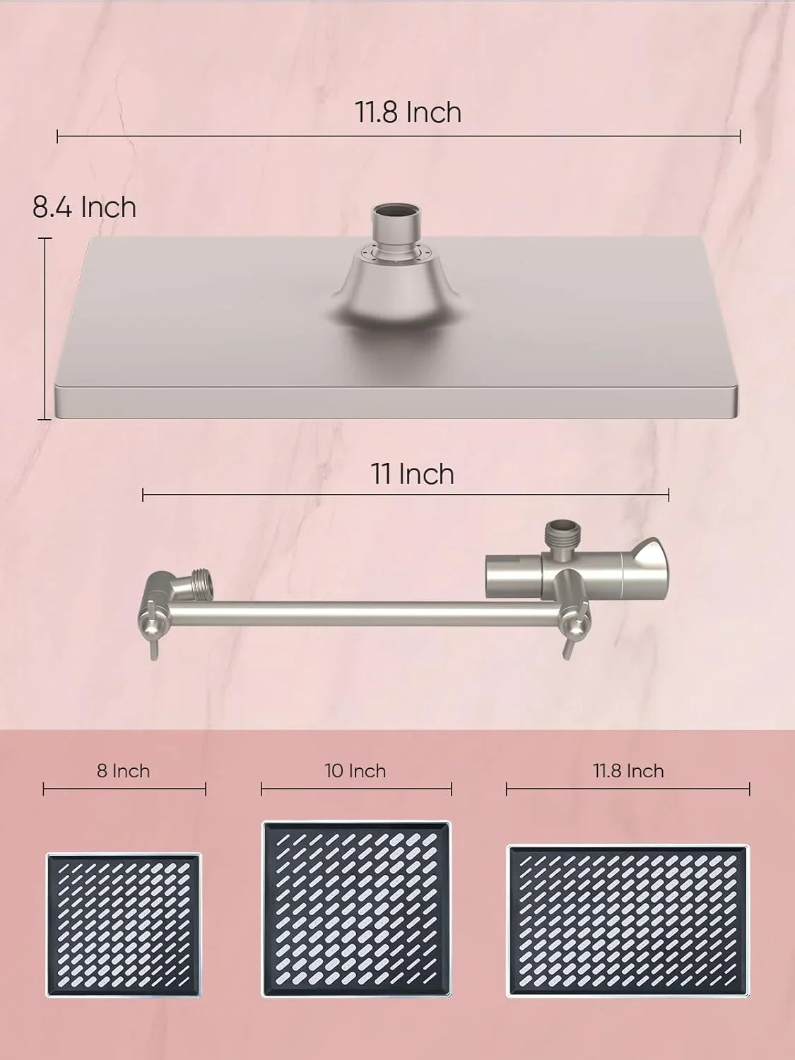 11.8-inch rain shower head, 6-mode handheld spray, high-pressure shower combination, with 11-inch adjustable extension arm,