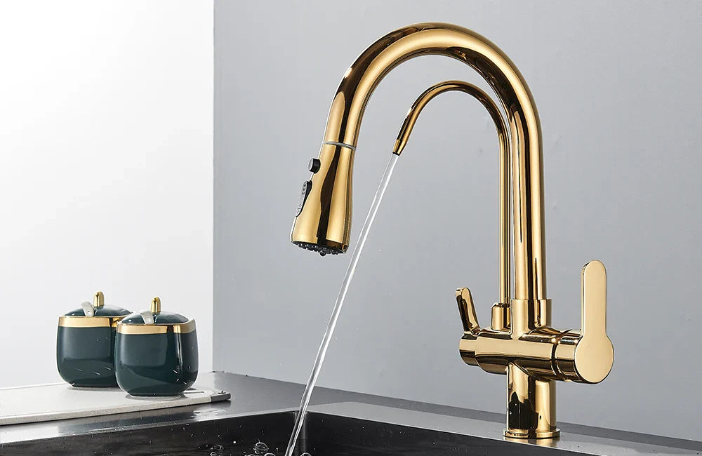 Quyanre Matte Black Filtered Crane For Kitchen Pull Out Spray 360 Rotation Water Sink Mixer Kitchen Faucet