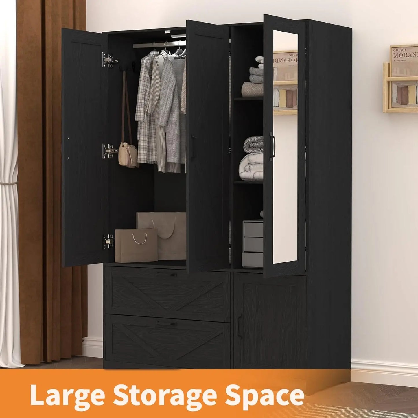 3 Door Armoire Wardrobe Closet with 2 Drawers, Hanging Rod & Lights,,