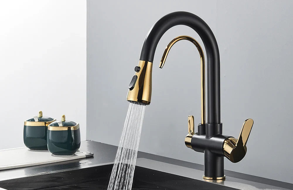 Quyanre Matte Black Filtered Crane For Kitchen Pull Out Spray 360 Rotation Water Sink Mixer Kitchen Faucet