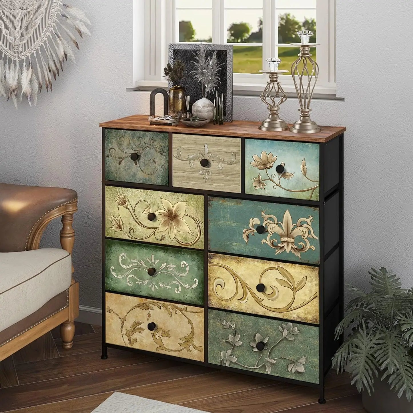 9-Drawer Floral Dresser with Wooden Top for Bedroom, Closet, Nursery, Living Room