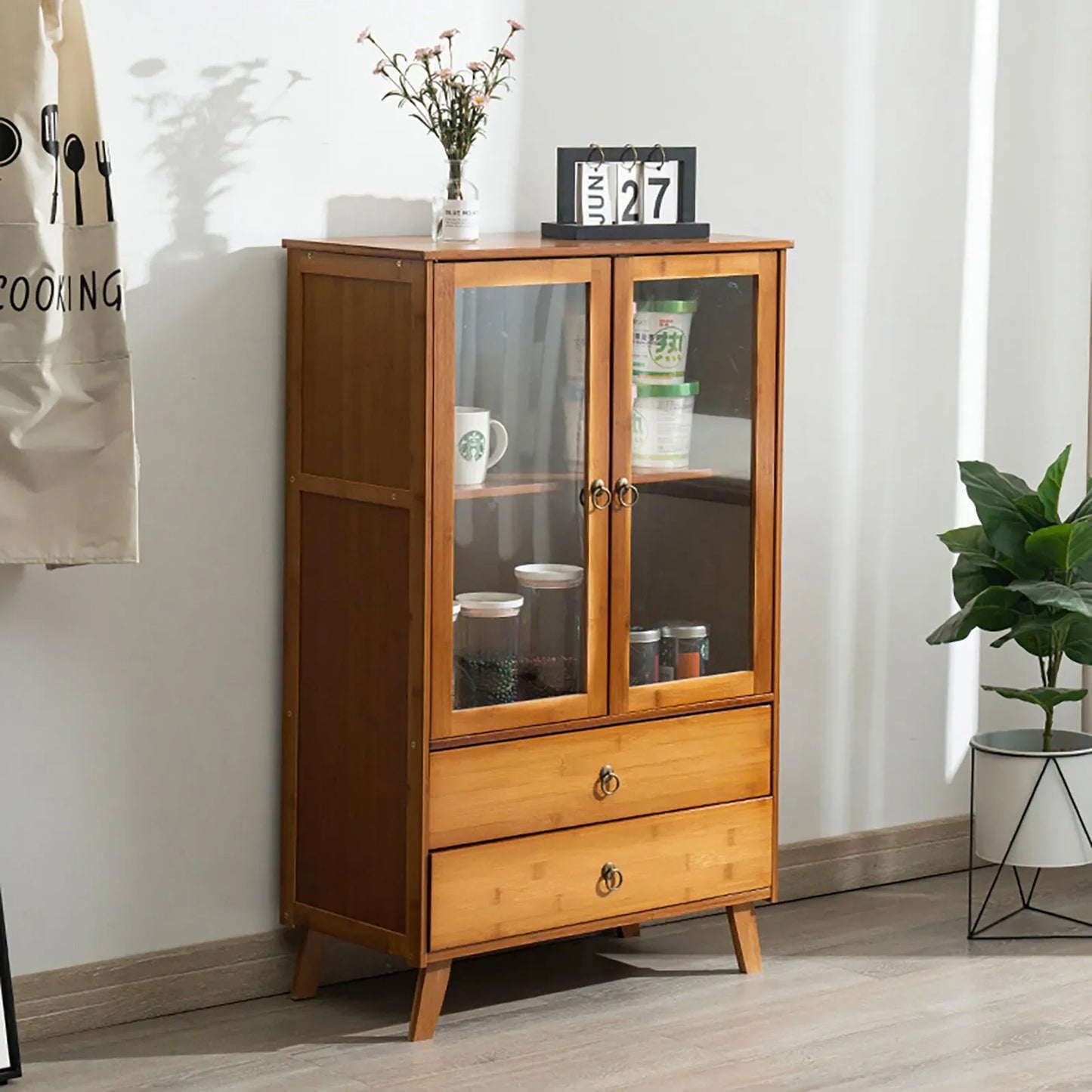 Vintage Style Kitchen Storage Cabinet, 2-Tier Bamboo Sideboard with Smooth Drawers for Kitchen and Dining Area