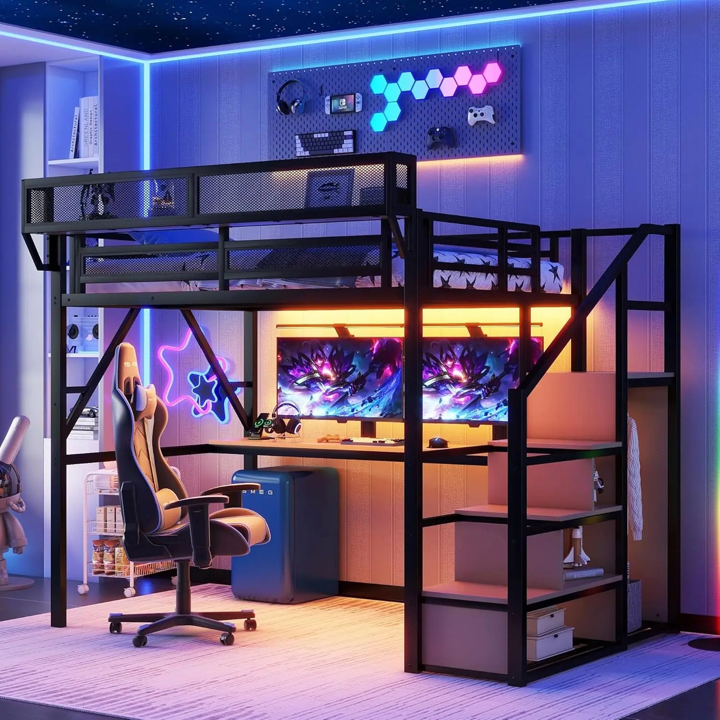Full Size Loft Bed With Stairs And Storage, Metal Loft Bed Frame WithLarge Under-Bed Space