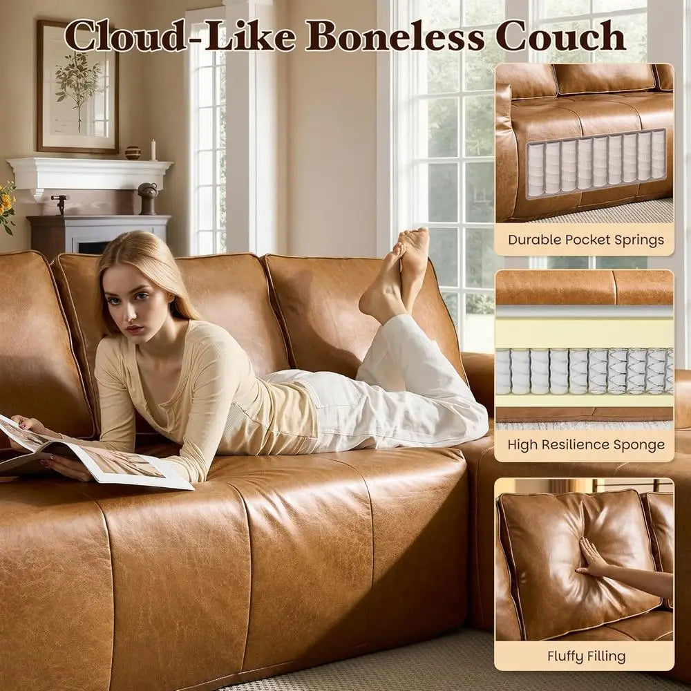 Elegant Living Room Set with Deep Seated, Comfortable Sofas in Brown Leather, No Assembly Needed