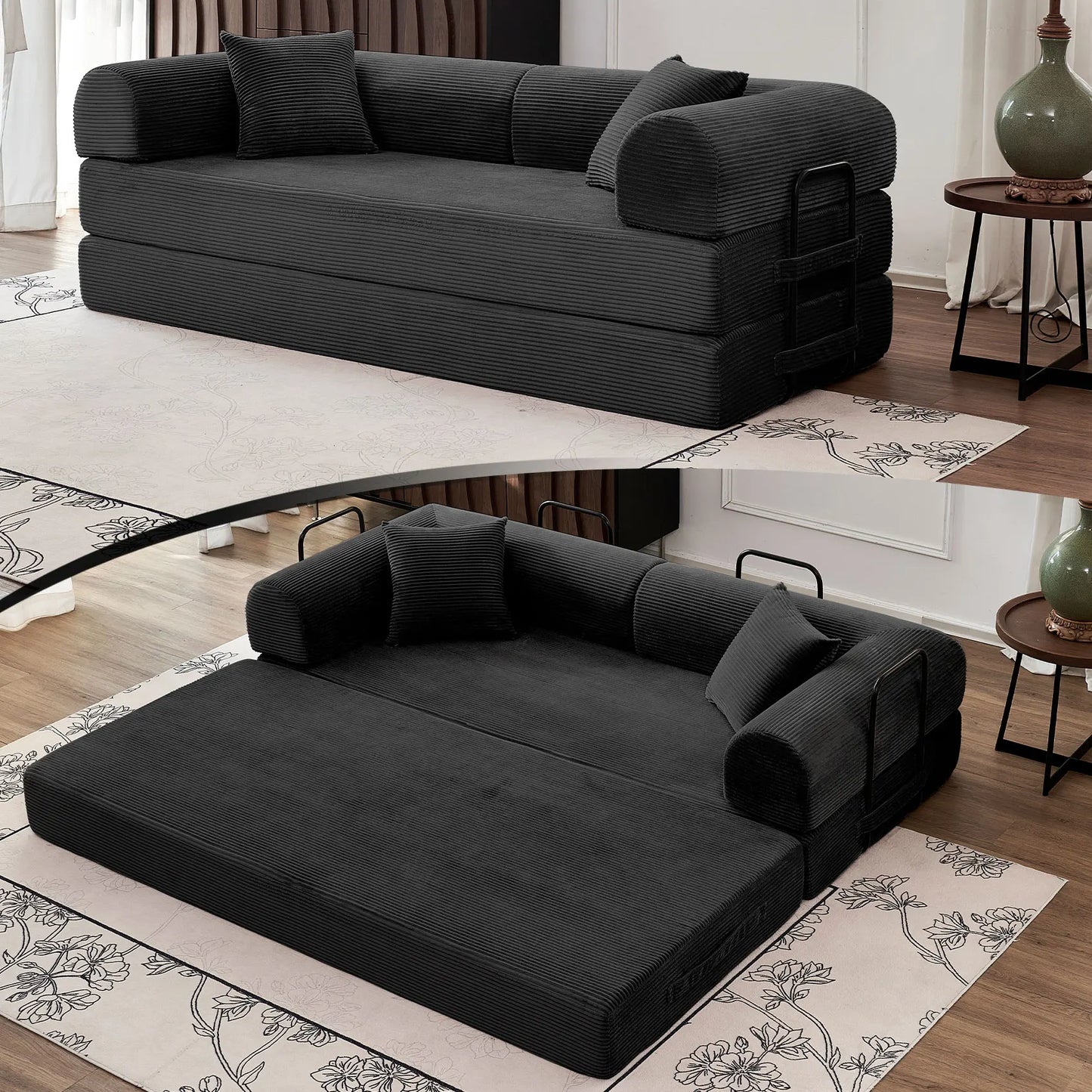 79" Convertible Sofa Bed with Fixed-Shape Frame & Removable Armrests, Modular Corduroy