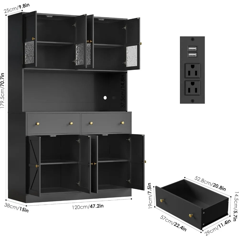 71 Inch Pantry with LED Light and Charging Station, Farmhouse Kitchen Pantry