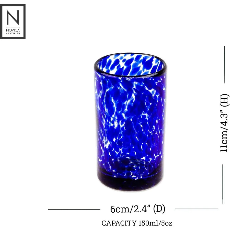 Hand Blown Blue Confetti Recycled Glasses 5 Oz 'Marine' Set Of 6