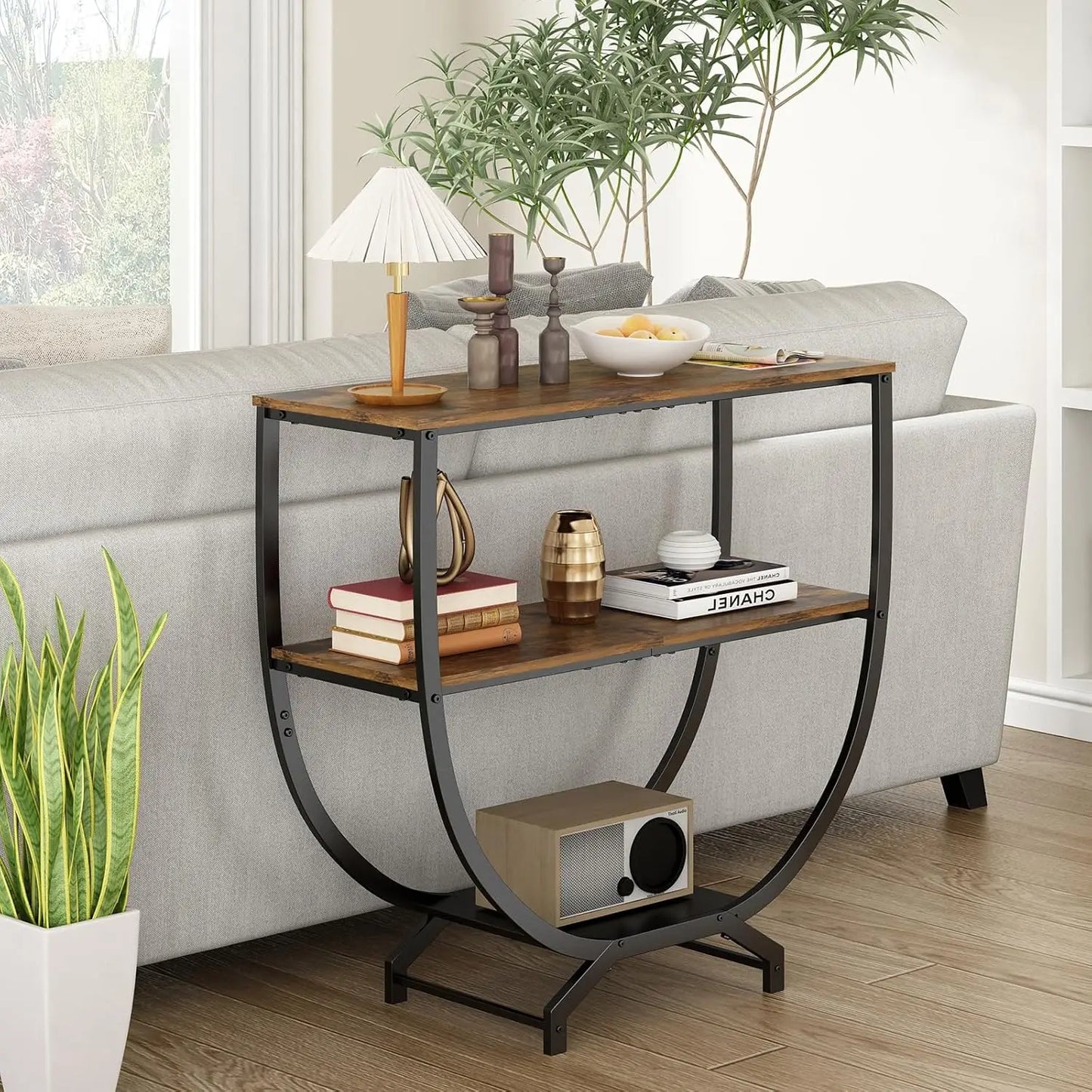 3-Tier Industrial Console Table with Storage, 30" Height Entryway Sofa Table, Rustic Brown for Living Room