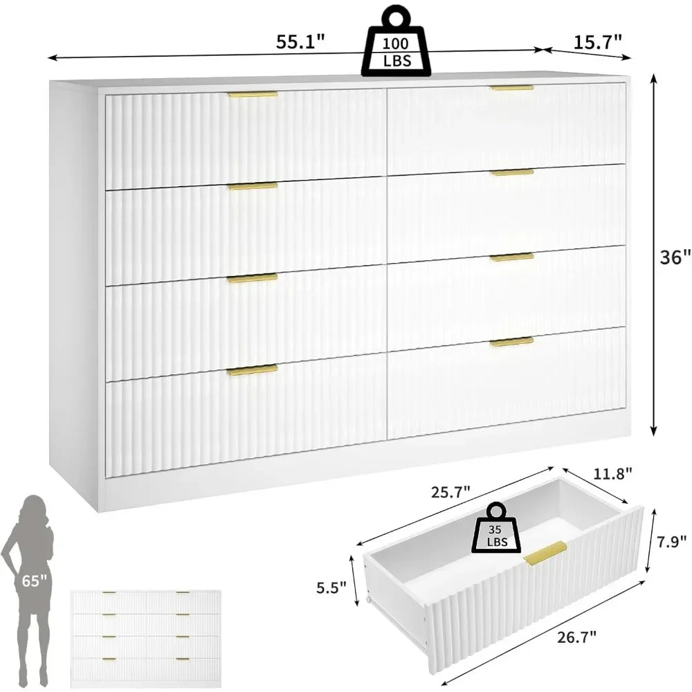 Fluted Dresser for Bedroom with 8 Drawer, 55”  Double Drawer Dresser