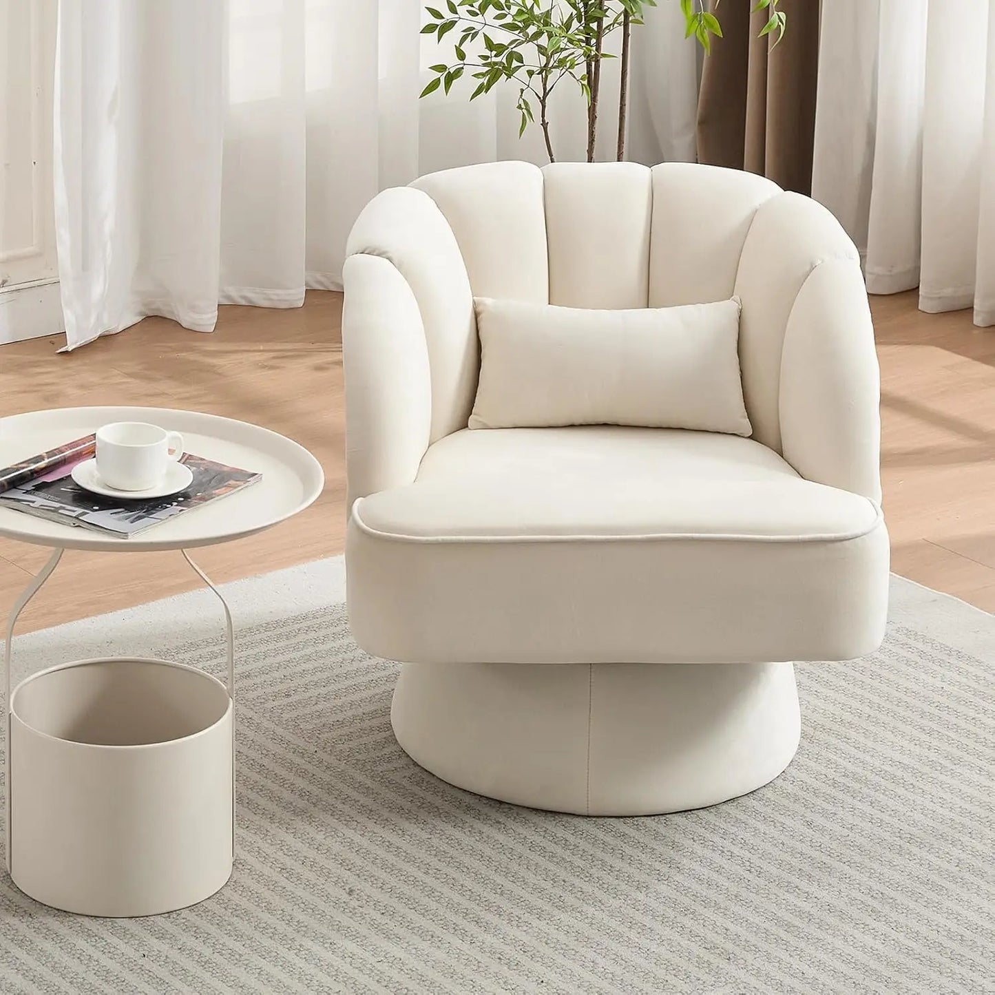 360° Swivel Barrel Accent Chair Modern Round Armchair with Striped Backrest & Plush Padding Velvet Fabric