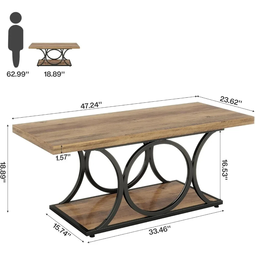 47" Rustic Farmhouse Coffee Table - 2-Tier Wooden Rectangle Center Table