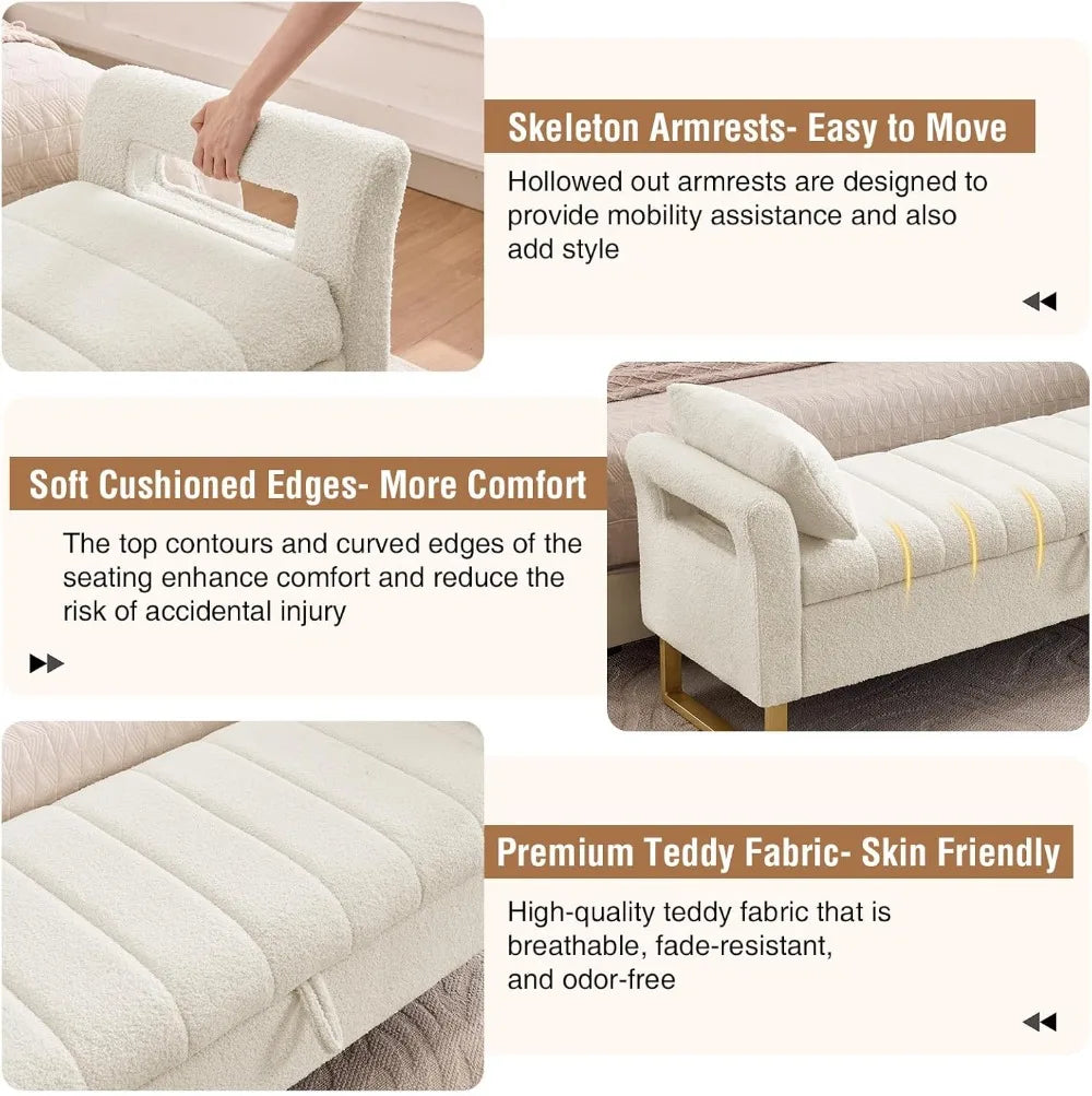 66'' King Size Storage Bench with Gold Legs, Cream White Teddy Ottoman