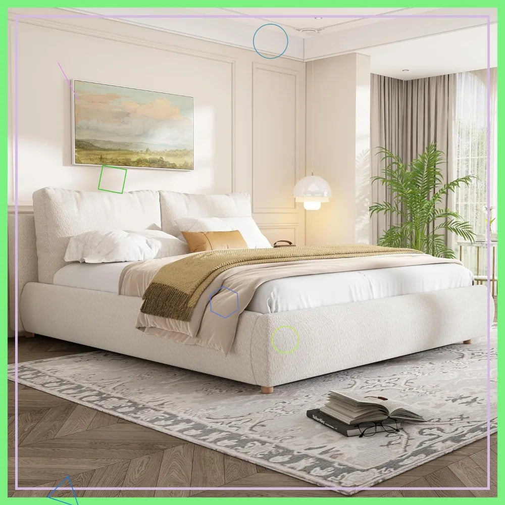 Queen Size Bed Frame with Removable Pillow Headboard,  Platform Cloud Bed, Wood Slats Support,