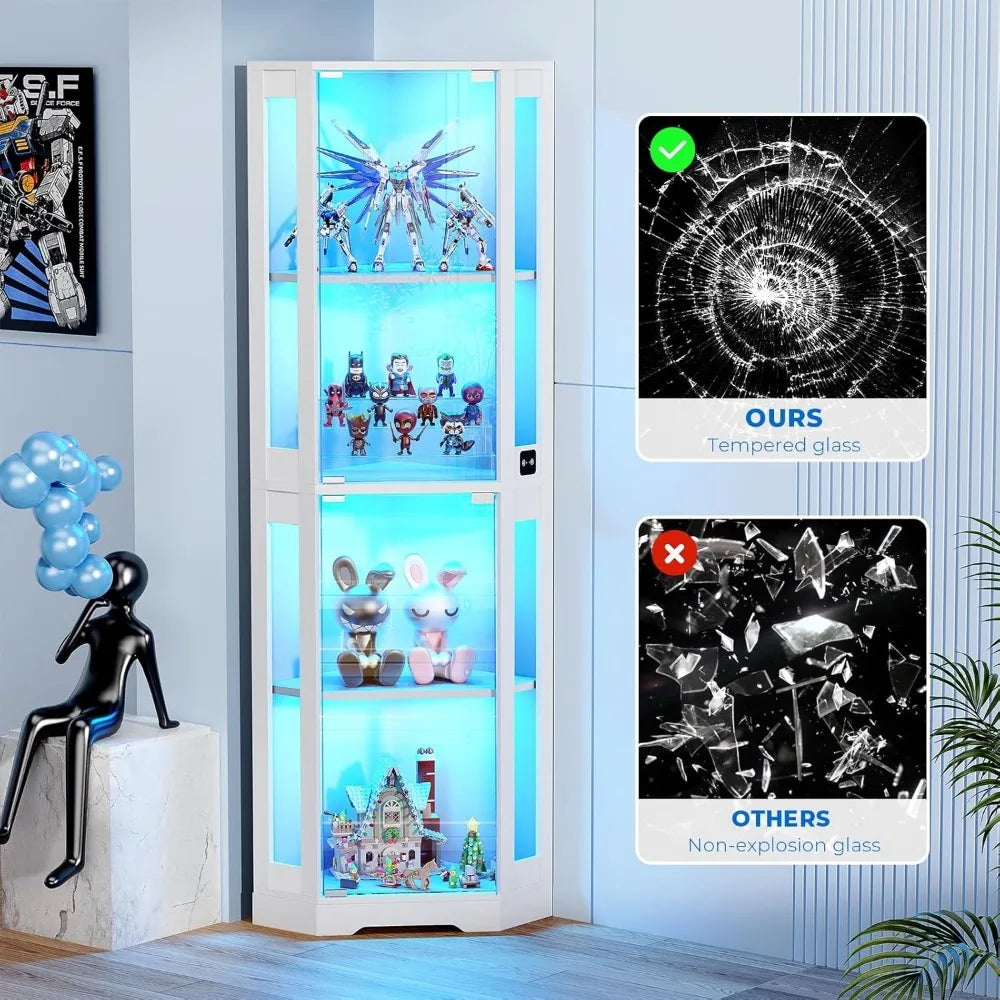 65" Corner Glass Display Cabinet with LED Lights & Motion Sensor, 4-Tier Showcase for Collectibles Figures Liquor