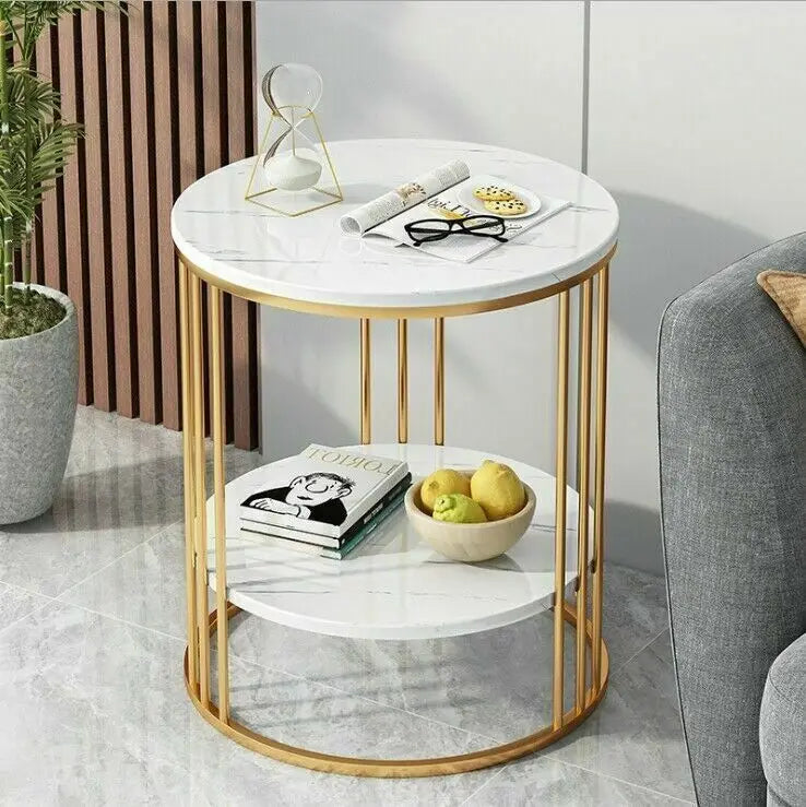 2-Tier White Marble Side Table Round Coffee Table