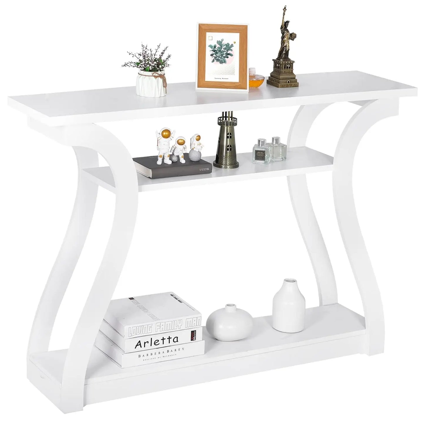 Wood Console Table 3 Tier Narrow Entryway Table with Curved Frame and 2 Open Storage Shelves