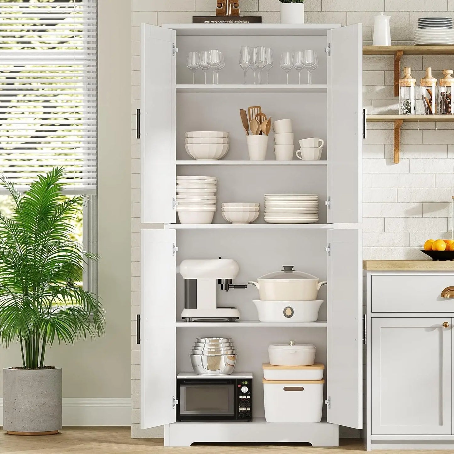 70 Inch Tall Kitchen Pantry Cabinet, Freestanding Storage Cabinet with 4 Doors and Adjustable Shelves,