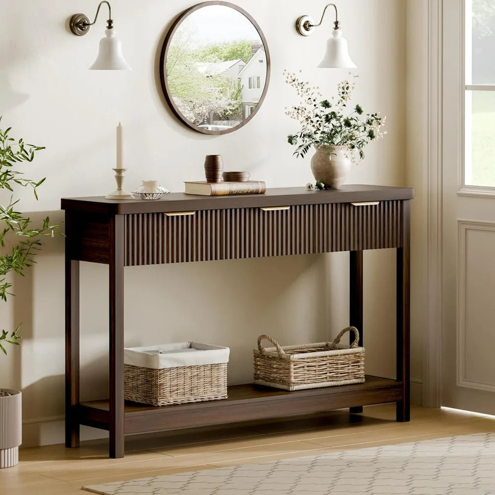 51 Fluted Console Table for Entryway,  with 3 Wooden Drawers,  Behind Sofa Table for Living Room,