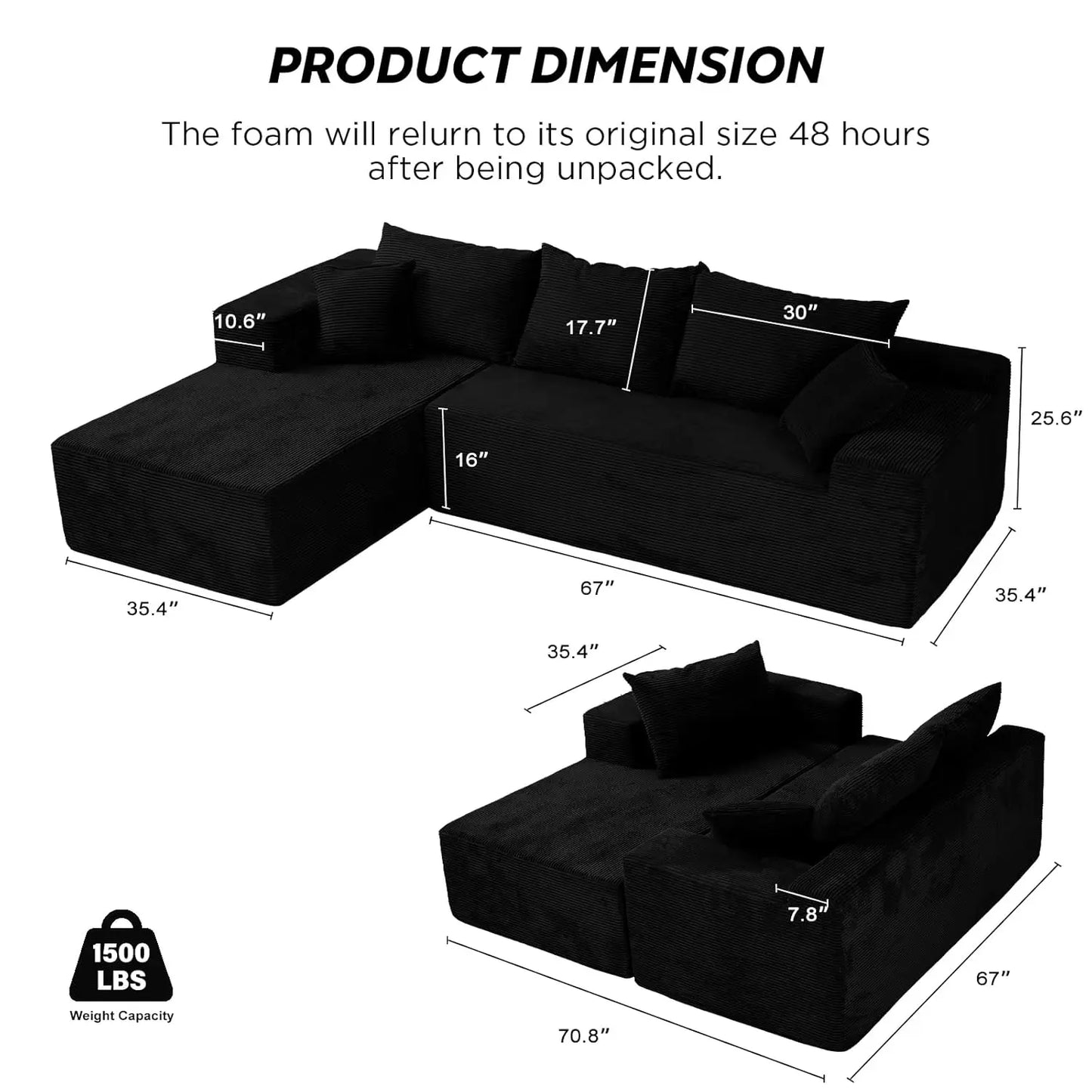 L-Shape Sectional Sofa with Chaise Deep Seat Living Room No Assembly