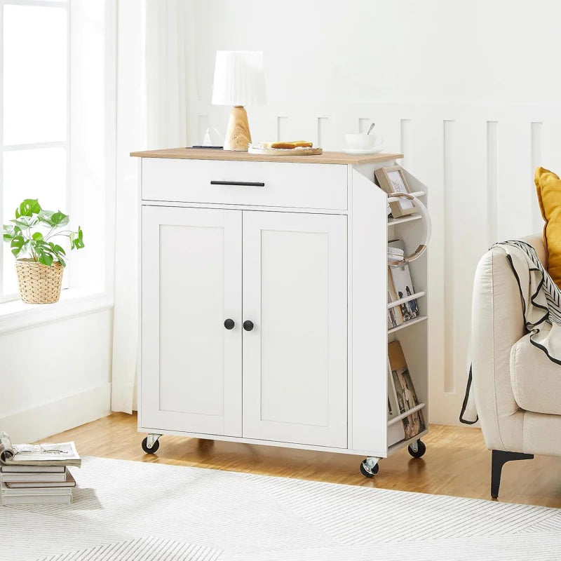 Rolling Kitchen Island with Power Outlet Spice Rack & Drawer Natural & White