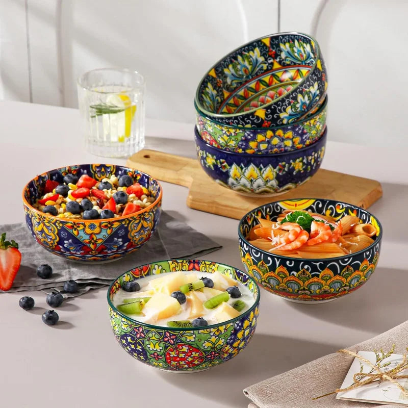 Bohemian Ceramic Bowl Set of 6 (28 Oz) - Colorful Soup, Cereal, Pasta, Salad, Fruit Bowls