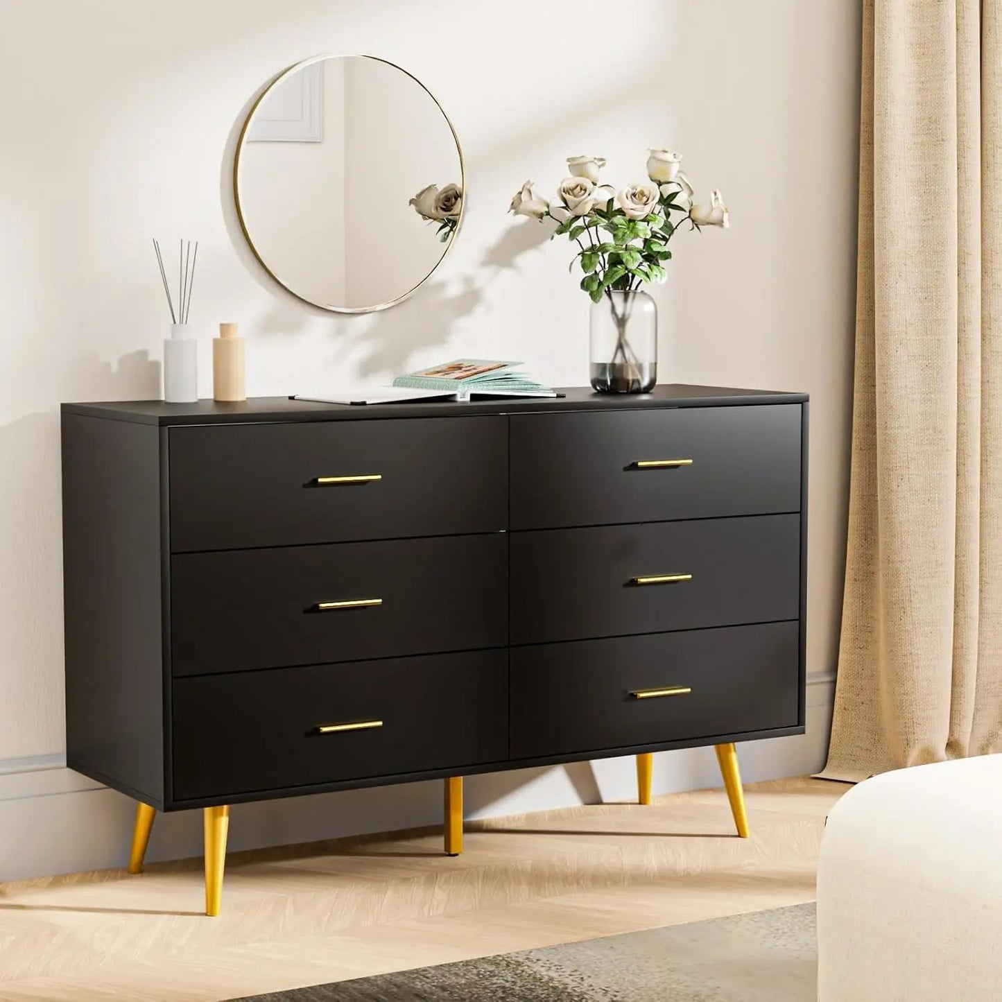 Walnut Brown Dresser  6 Drawer with Wide Drawers and Metal Knob