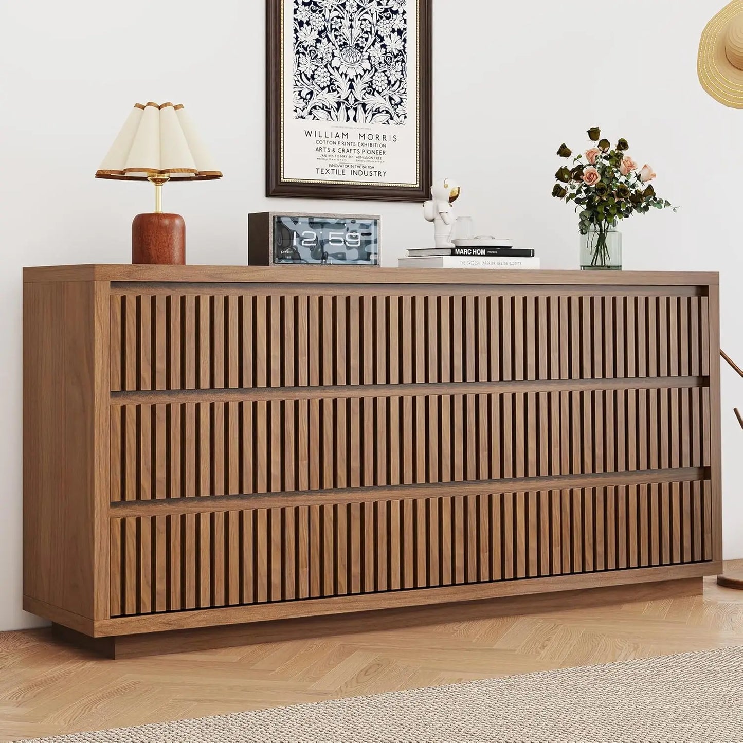 Fluted Long 9 Drawer Dresser, for Bedroom, 58" Wide Vintage Chest of Drawers
