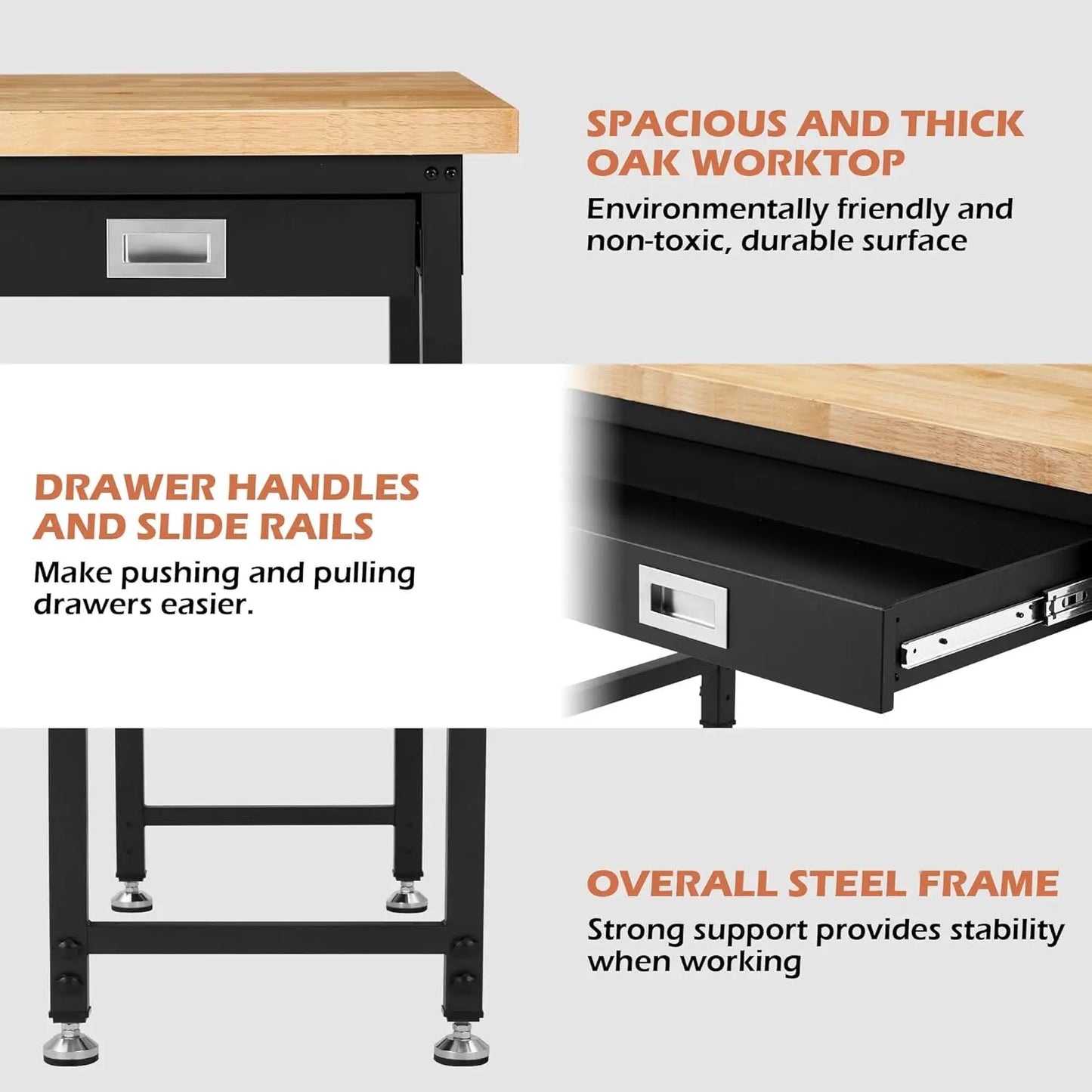 48” Adjustable Workbench with Drawer Storage,for Garage with Rubberwood Top,2000 LBS Capacity