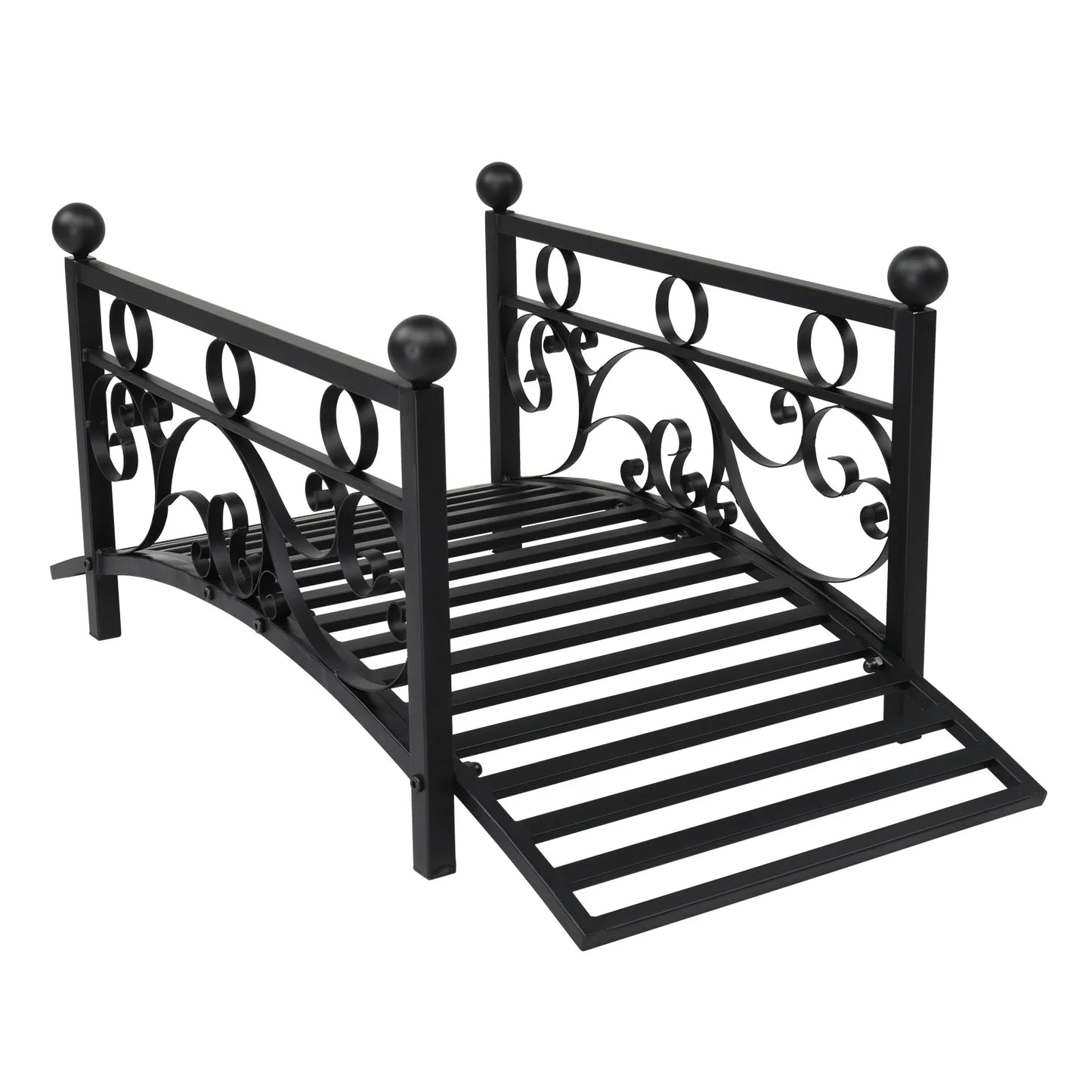 Garden iron bridge, with round iron ball flat-top handrails, black