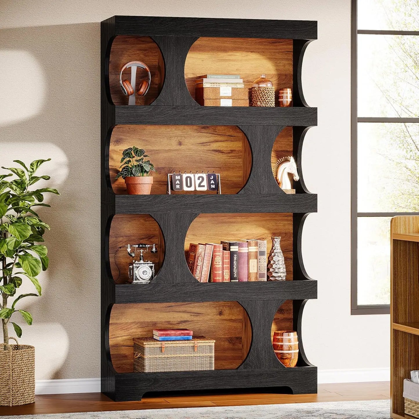Modern Asymmetrical Bookshelf, with Classic Shape,Large Library BookShelf for Living Room, Home Office