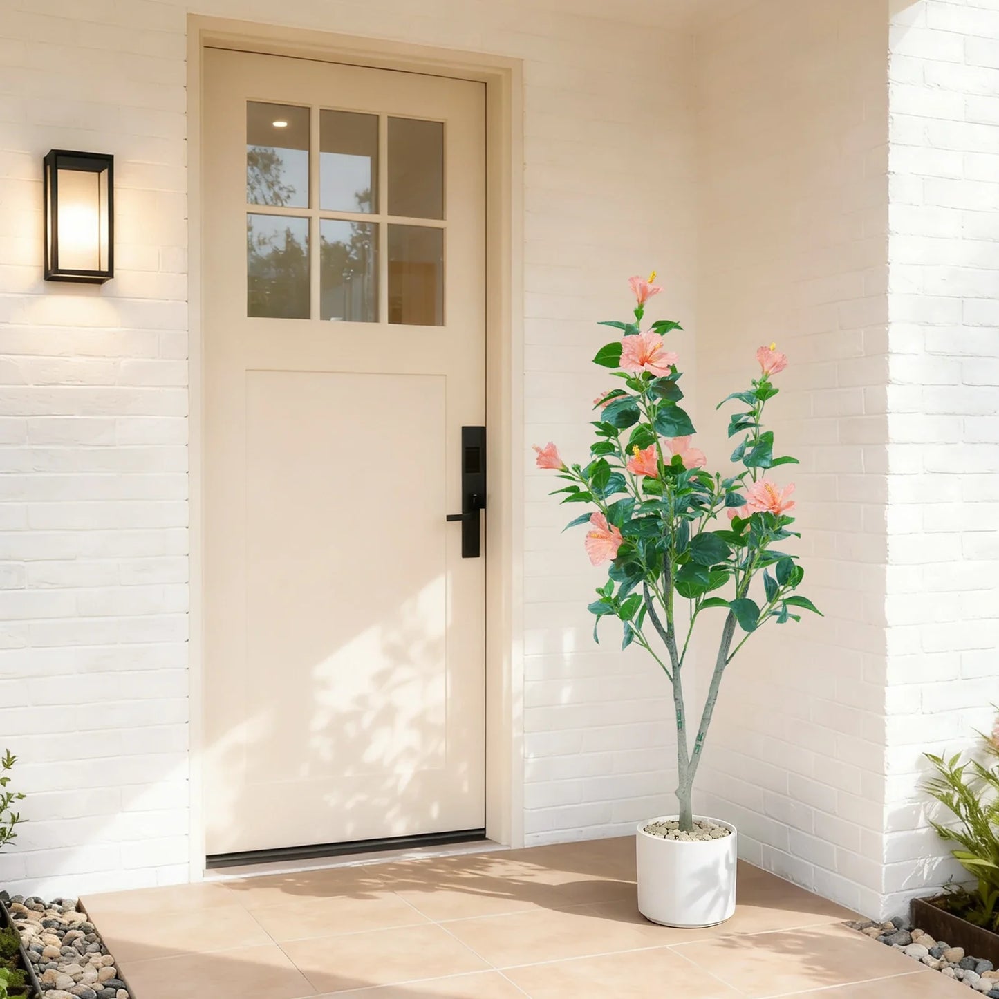 1Pcs  Hibiscus Artificial Tree Faux Tree with Red Hibiscus Flowers  for Front Porch Office Home