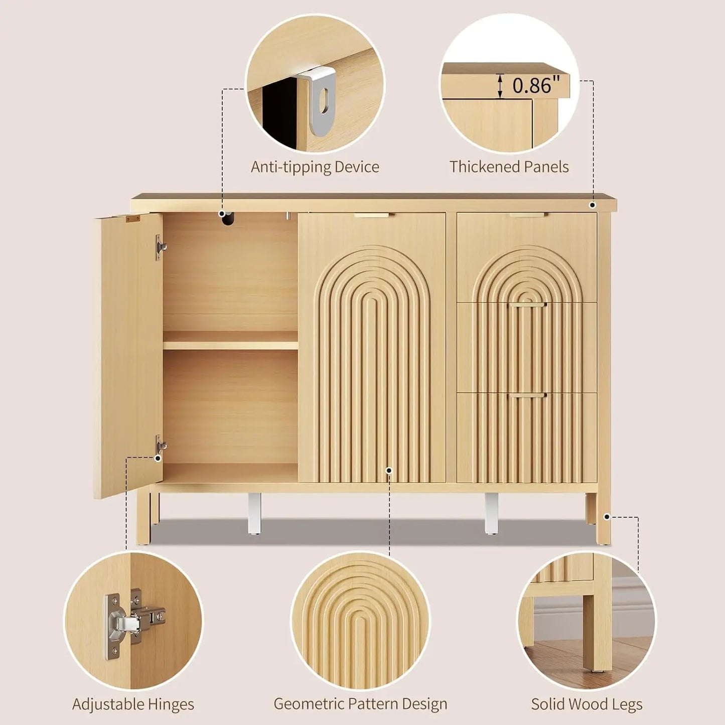 Sideboard Buffet Cabinet with Storage - Accent  Cabinets with Drawers & Doors, Fluted Kitchen Credenza