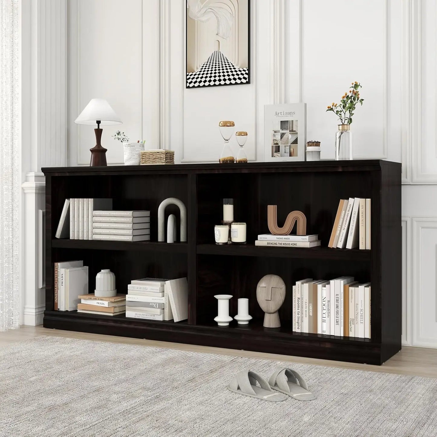 Double Wide Open Shelf Bookcase - 2 Tiers 4 Storage Cube Adjustable Space Book Case