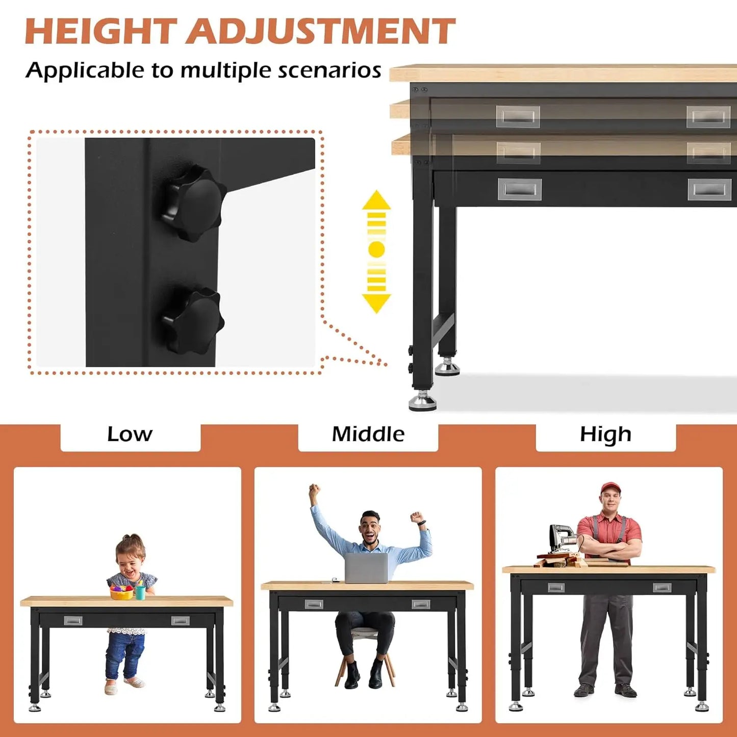 48” Adjustable Workbench with Drawer Storage,for Garage with Rubberwood Top,2000 LBS Capacity
