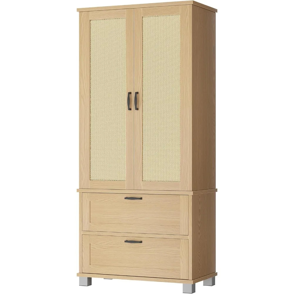 Wood Pantry Cabinet with Rattan Doors, Freestanding Tall Storage Cabinets,