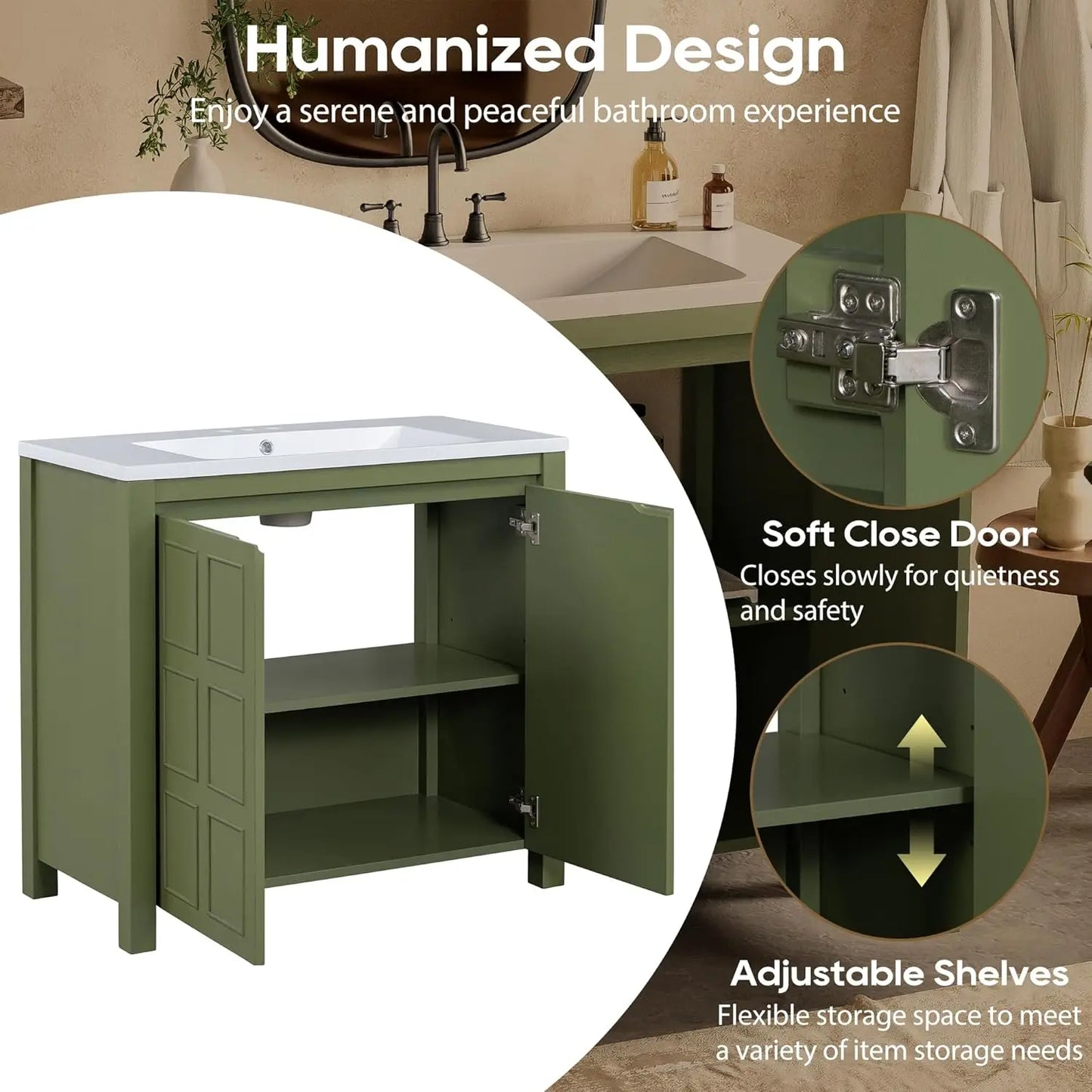 36in Free Standing Bathroom Vanity with Sink Wooden Cabinet Ceramic Basin
