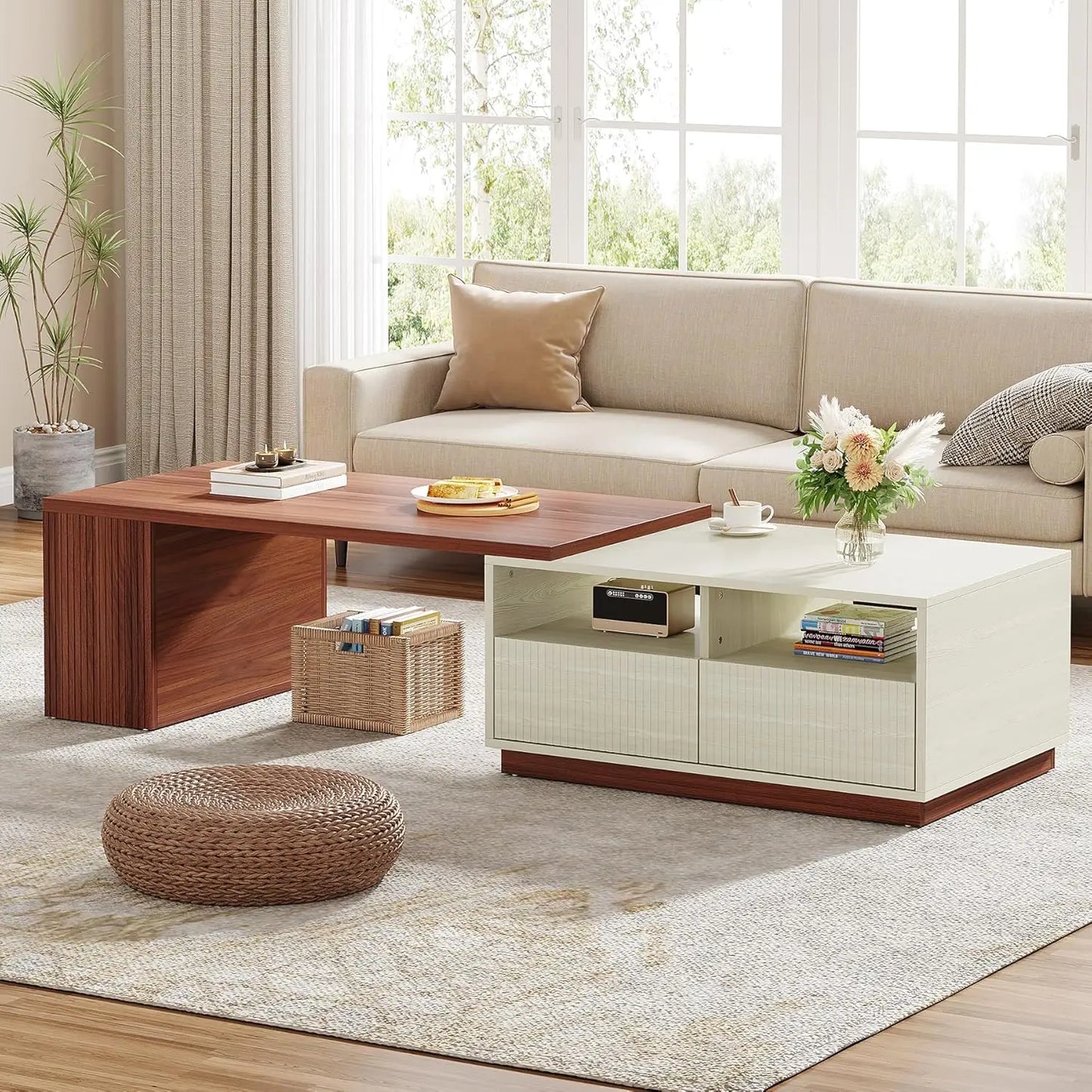 Extendable Coffee Table with 2 Storage Drawers,