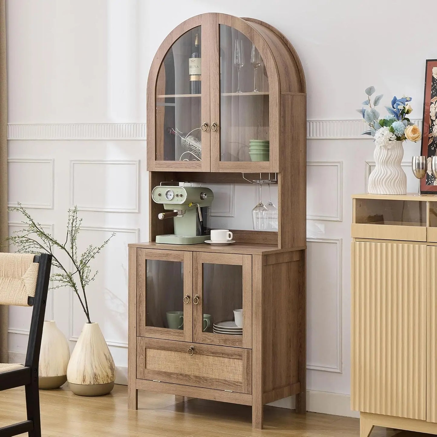 75" Arched Pantry Cabinet with Anti-Tipping Device, Glass Door & Open Storage for Kitchen Dining