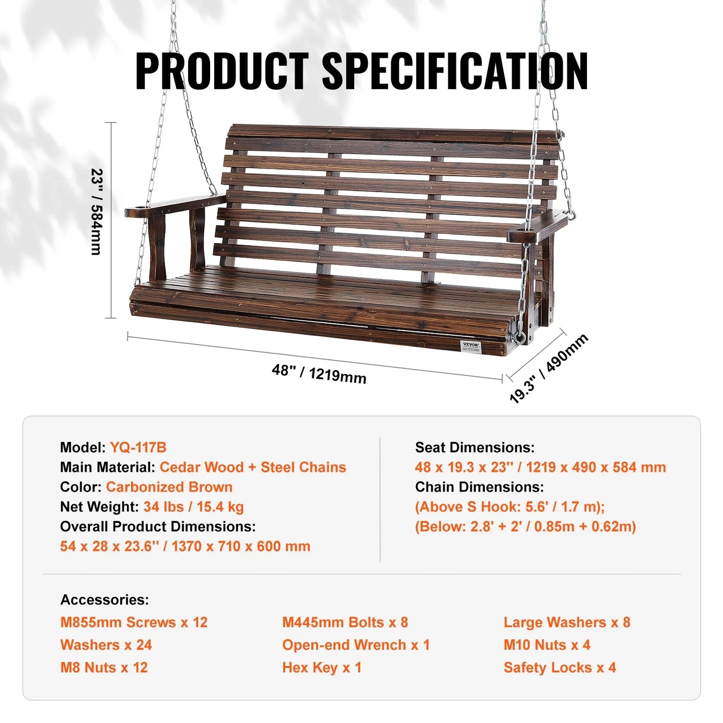 SucceBuy Wooden Porch Swing 5 ft  for Courtyard Garden  880 lbs Strong Load Capacity Chair Bench