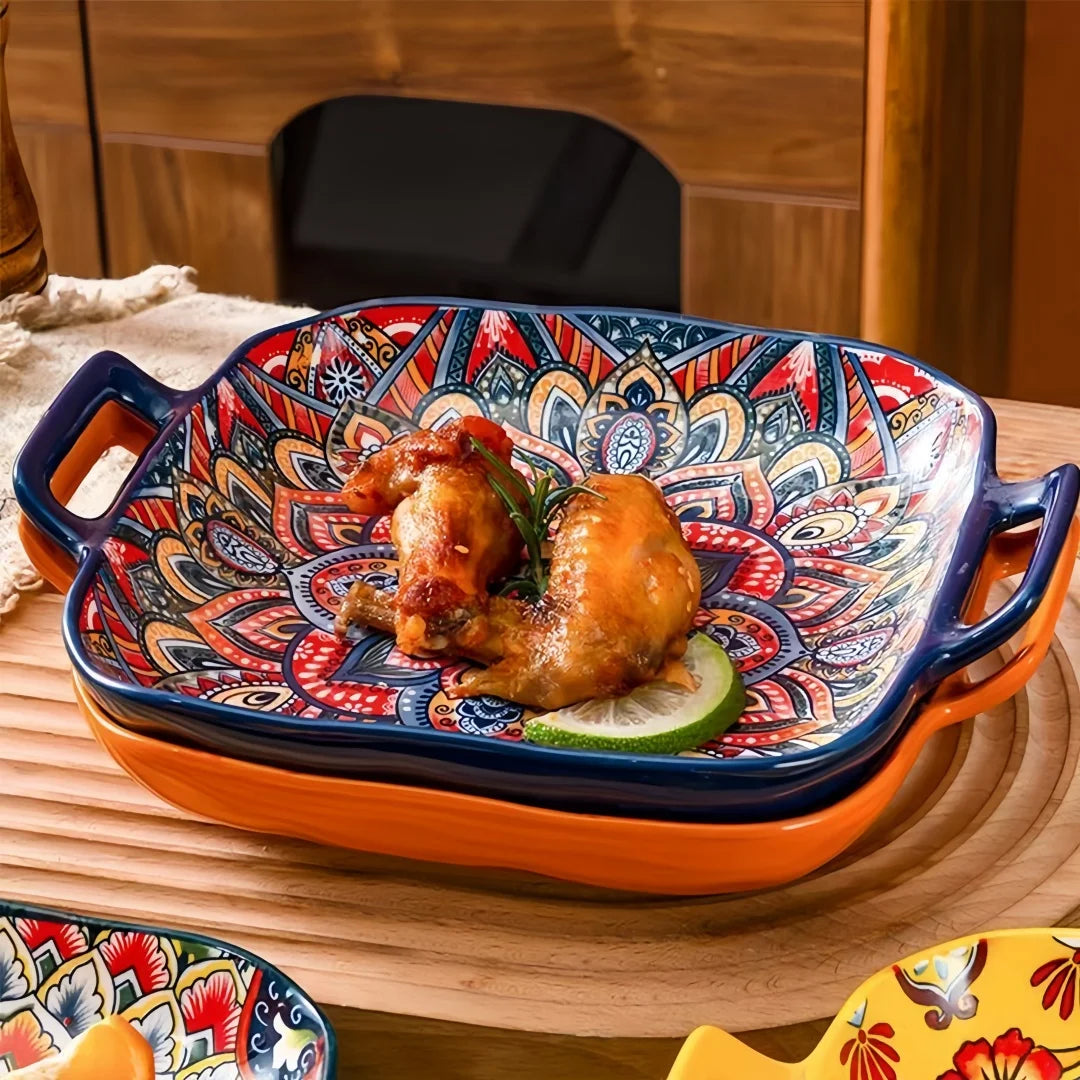 Bohemian double ear square ceramic plate
