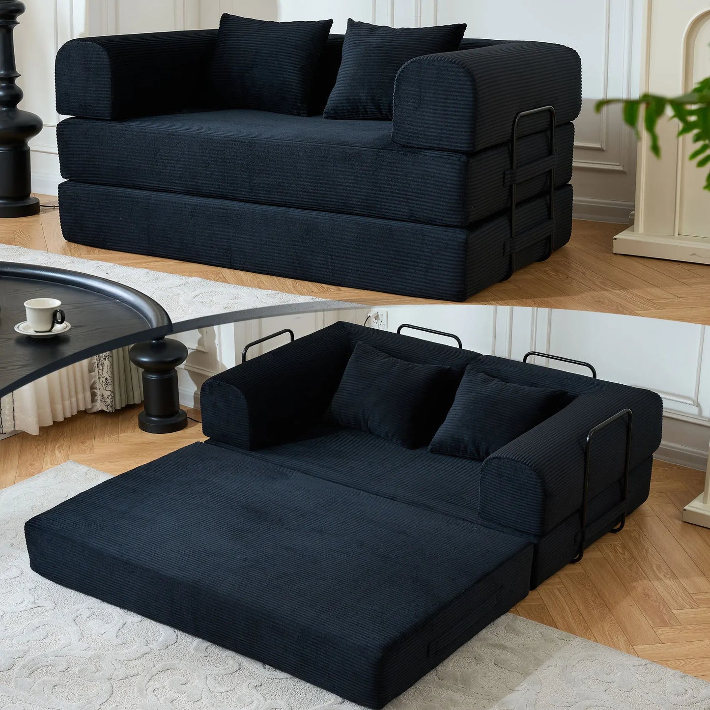 79" Convertible Sofa Bed with Fixed-Shape Frame & Removable Armrests, Modular Corduroy