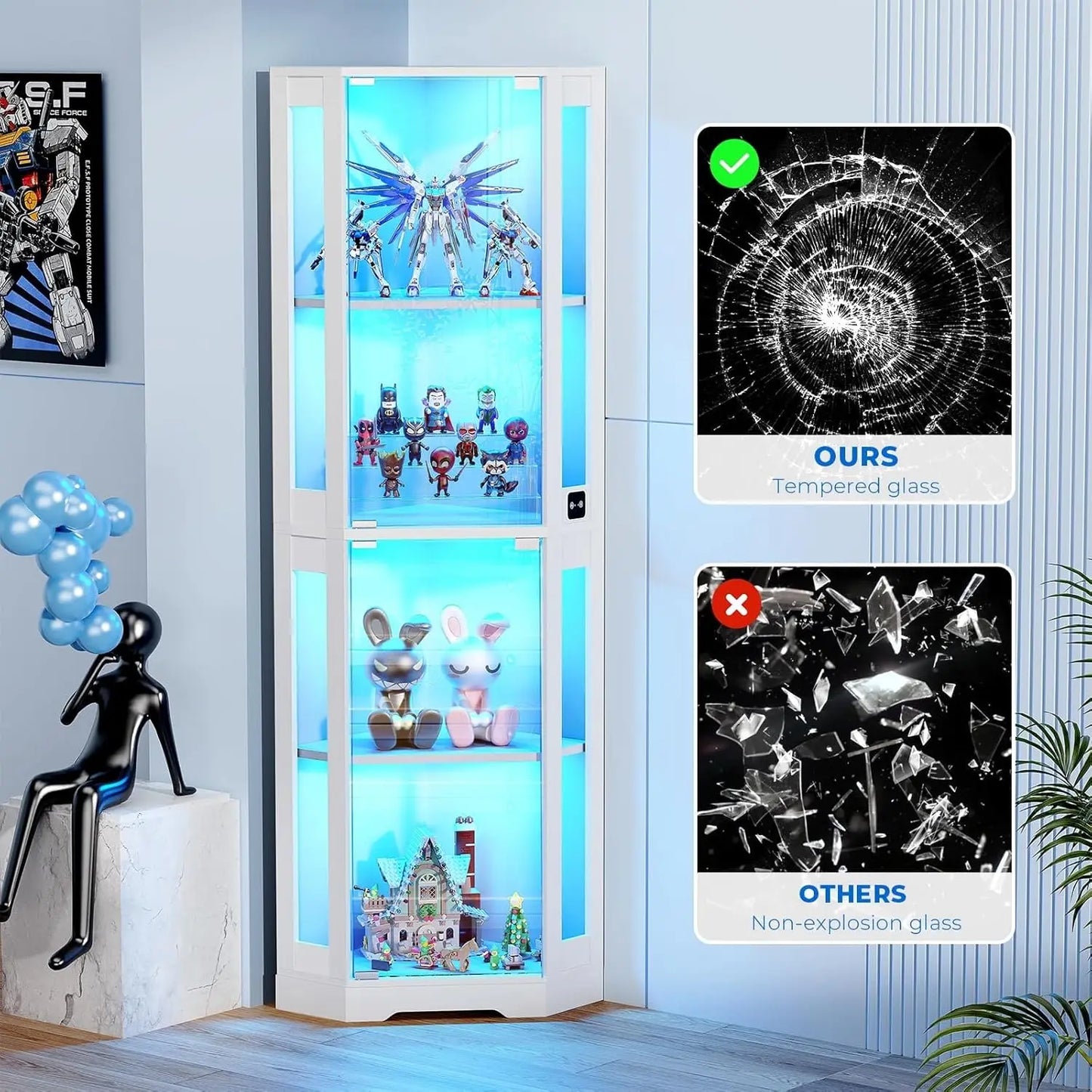 65" Corner Glass Display Cabinet with LED Lights & Motion Sensor, 4-Tier Showcase for Collectibles Figures Liquor