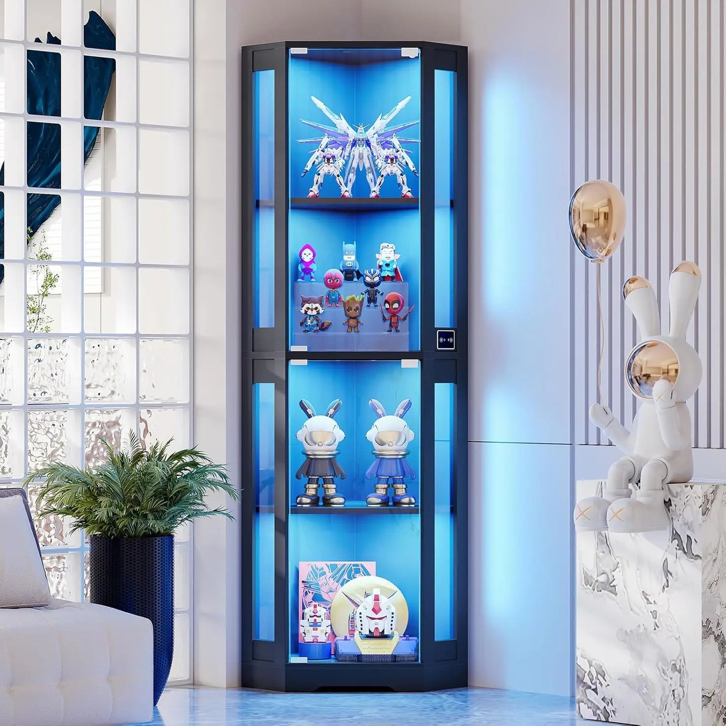 65" Corner Glass Display Cabinet with LED Lights & Motion Sensor, 4-Tier Showcase for Collectibles Figures Liquor