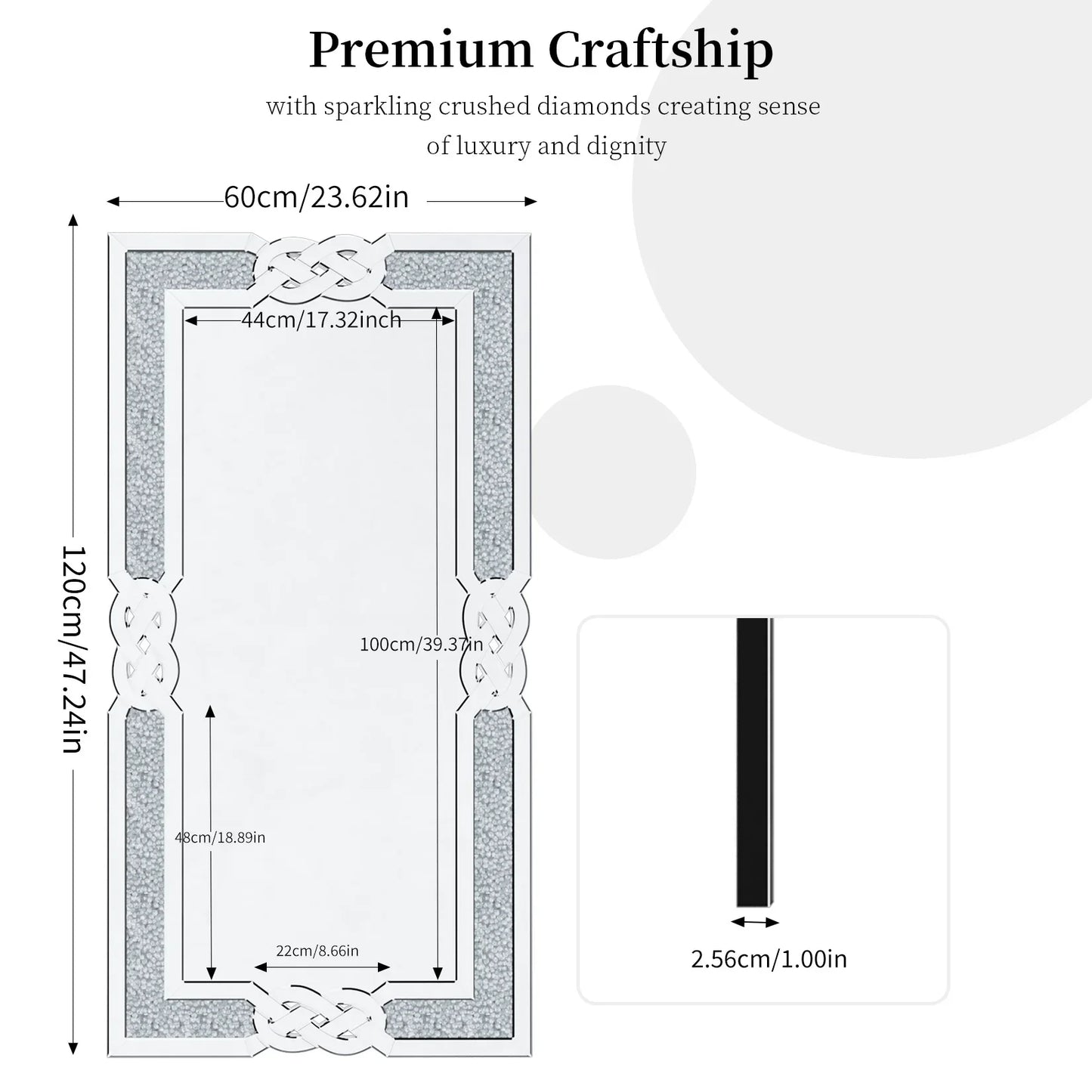 Large Crystal Crush Diamond Mirror Decorative Wall Hang Mirror for Bedroom Hallway Living Room