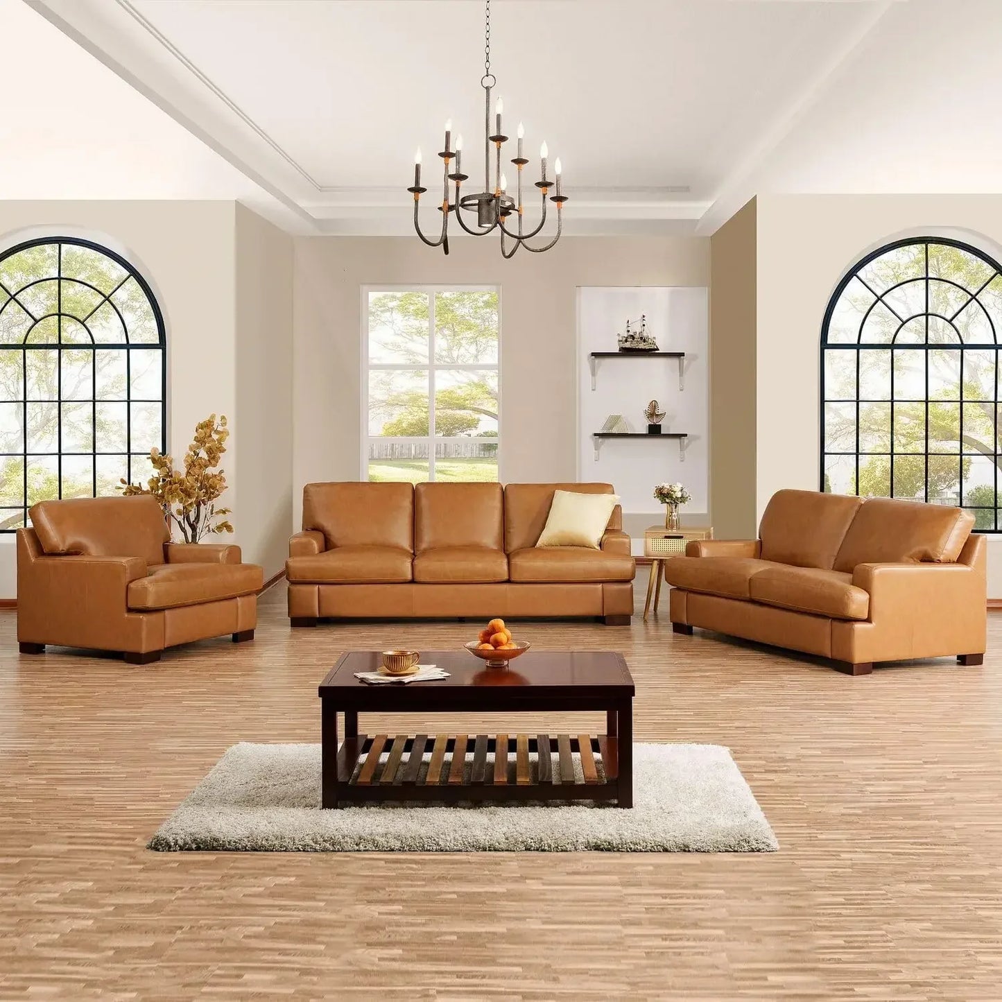 Genuine Leather Sofa - Set of 3 Luxurious Comfort, Goose Feather Cushion Filling, Square Arm Design, Sturdy Block