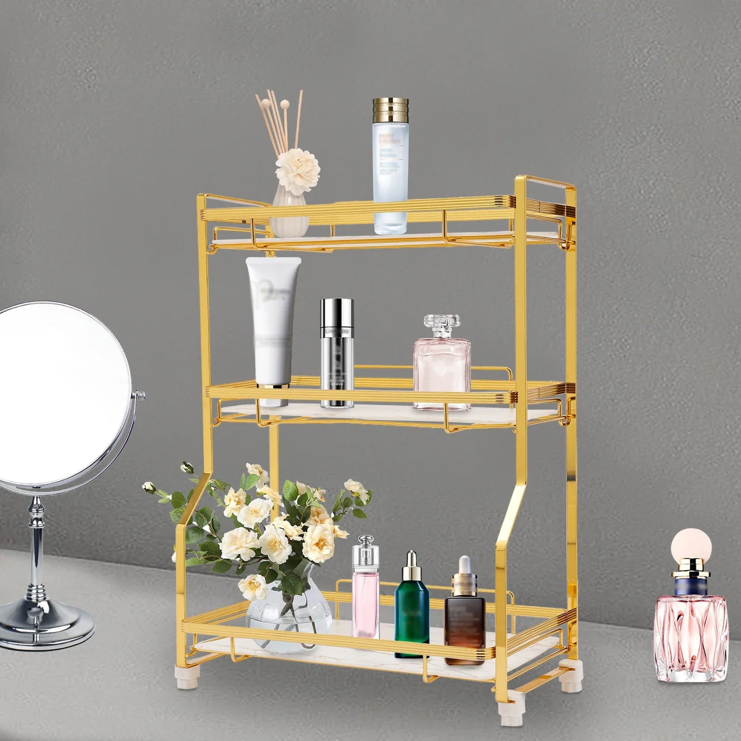 3 Tier Bathroom Countertop Organizer, with Small Storage Basket for Skincare Makeup