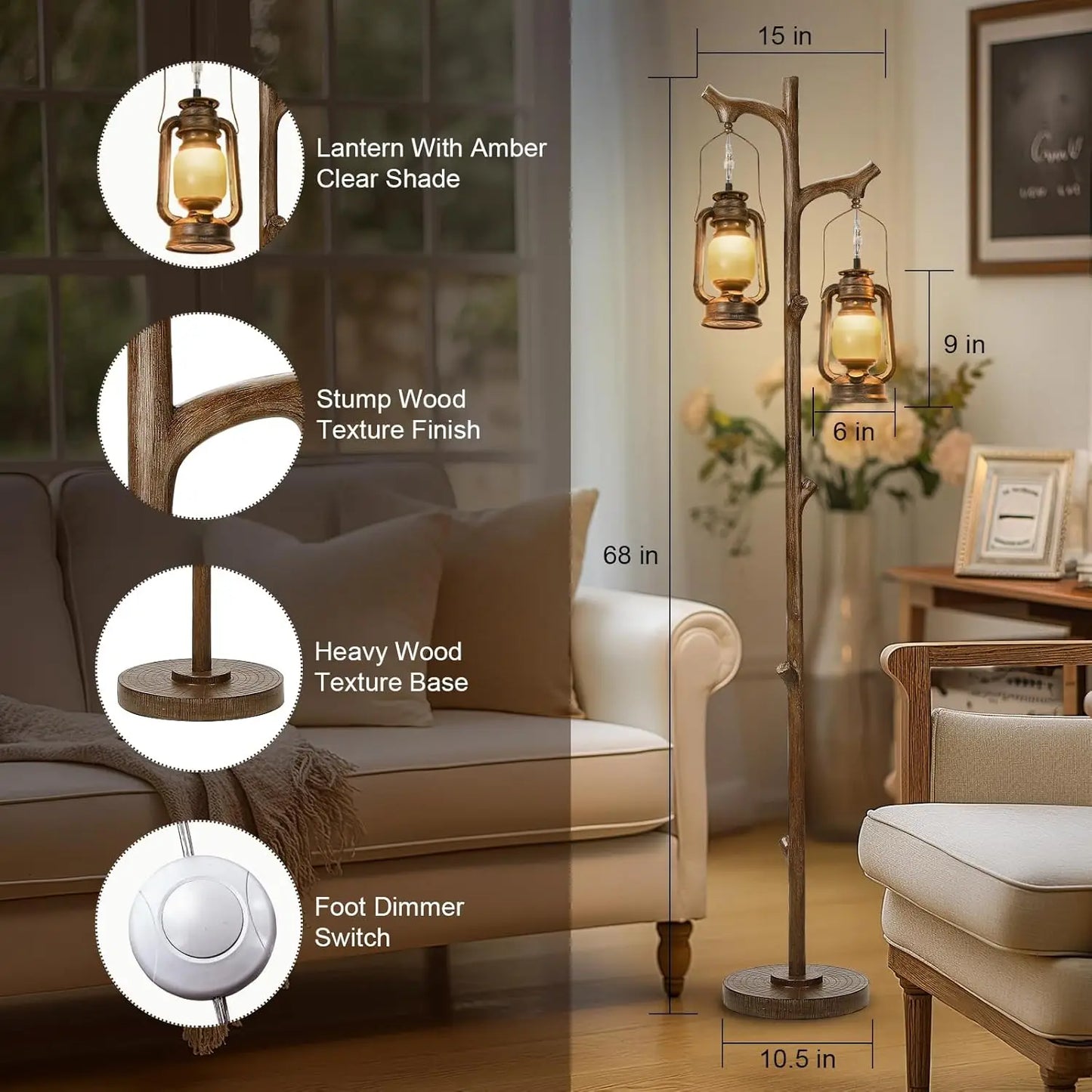 68" Rustic Farmhouse Tree Trunk Floor Lamp with Lantern, Stepless Dimmable, Brown Wood Finish